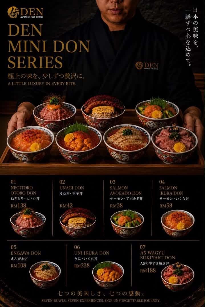The printed DEN Mini Don Series card — seven bowls on a wooden tray, priced